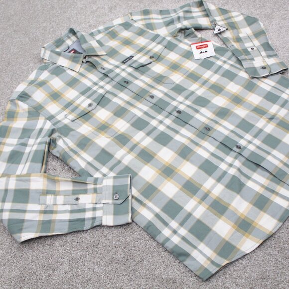 Wrangler Shirt NWT Mens Large Green/Yellow Regular Fit Roll Sleeve Stretch L/S - Picture 5 of 13